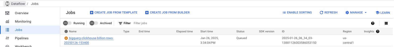 실행 중인 BigQuery to ClickHouse 작업이 표시된 Dataflow 콘솔