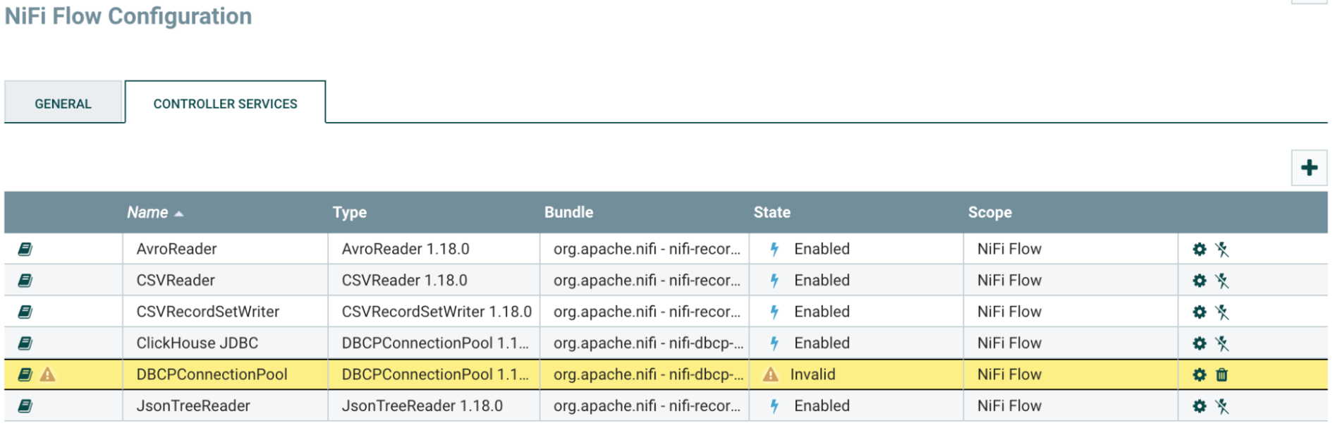 Controller Services 목록에서 기어 버튼이 강조된 유효하지 않은 DBCPConnectionPool